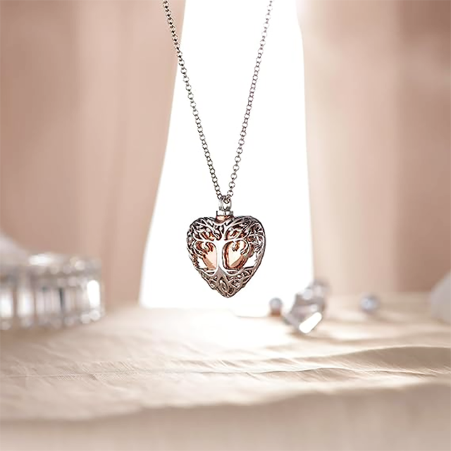 Sterling Silver with Rose Gold Plated Tree Of Life & Heart Urn Necklace for Ashes-4