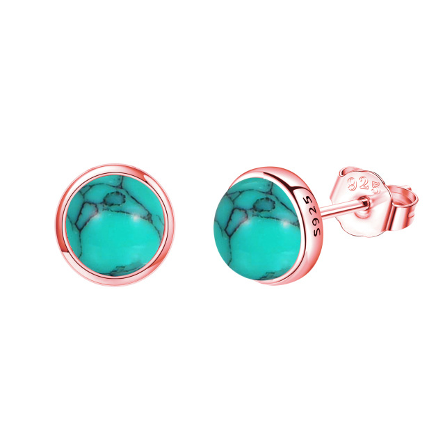 Sterling Silver with Rose Gold Plated Turquoise Round Stud Earrings-1