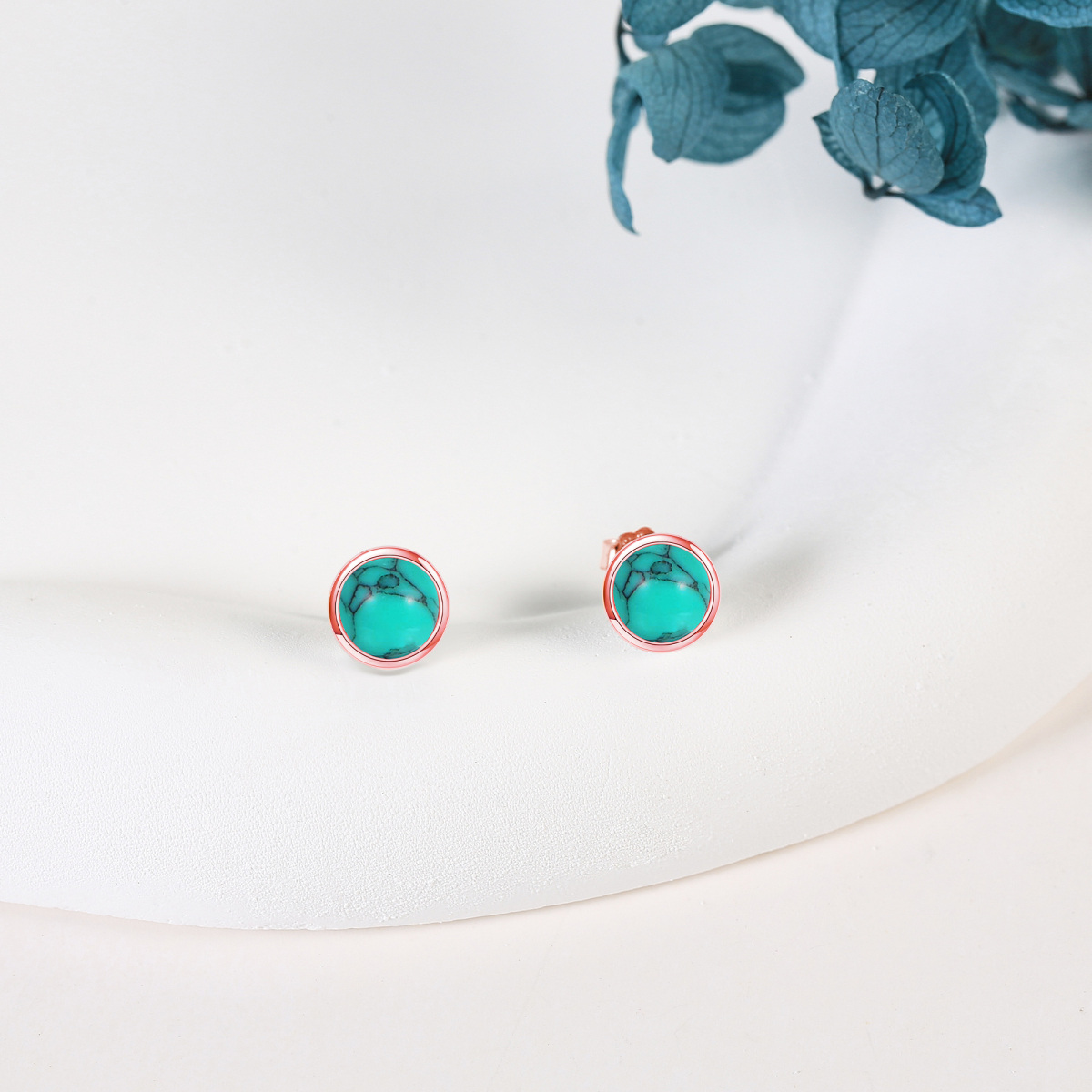 Sterling Silver with Rose Gold Plated Turquoise Round Stud Earrings-3