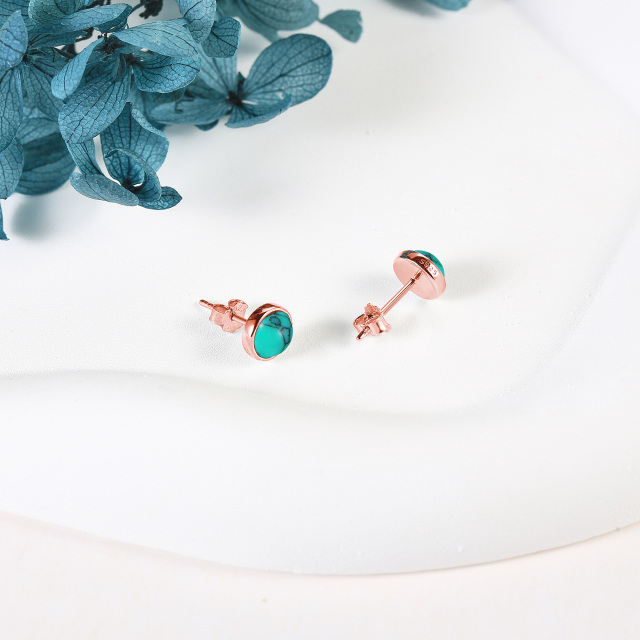 Sterling Silver with Rose Gold Plated Turquoise Round Stud Earrings-4