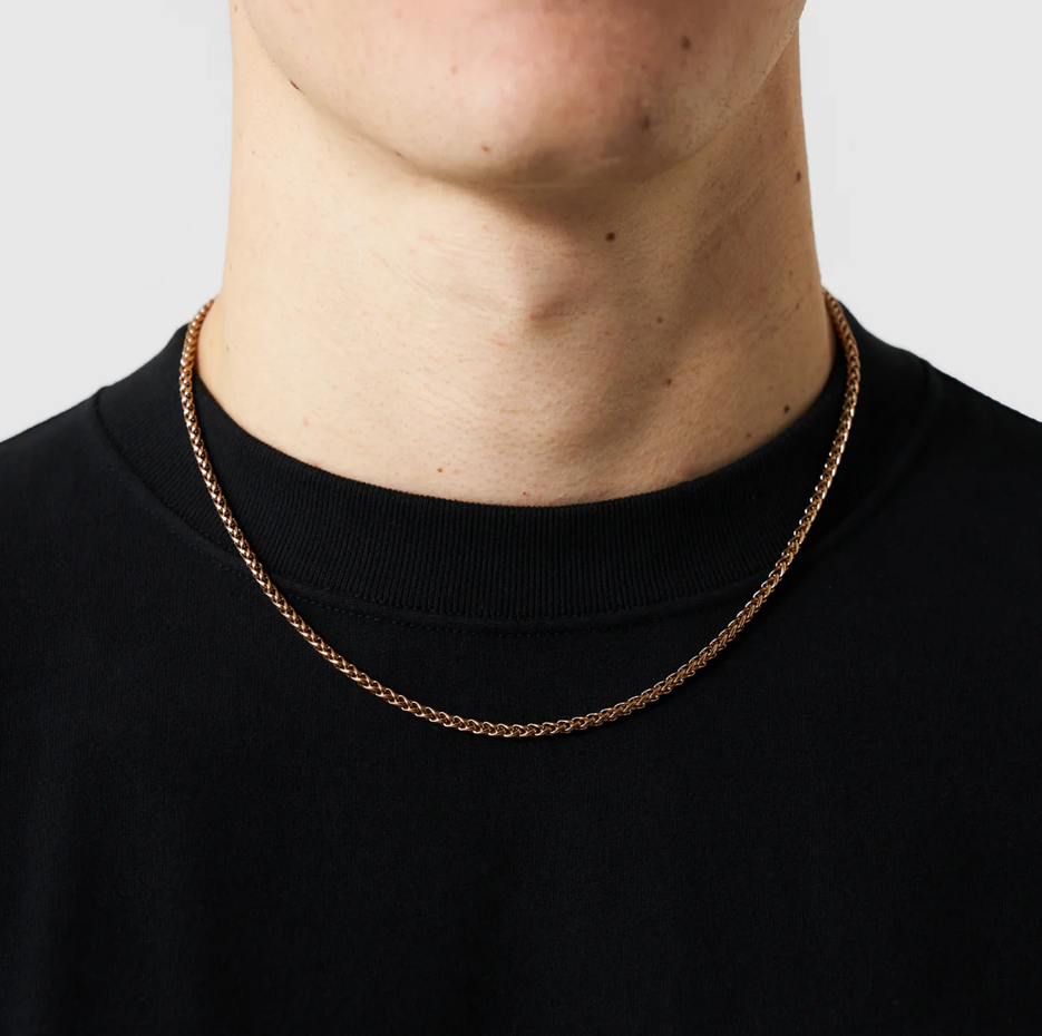 Collar de cadena de espigas de trigo de plata de ley con baño de oro rosa para hombre de 3 mm-2
