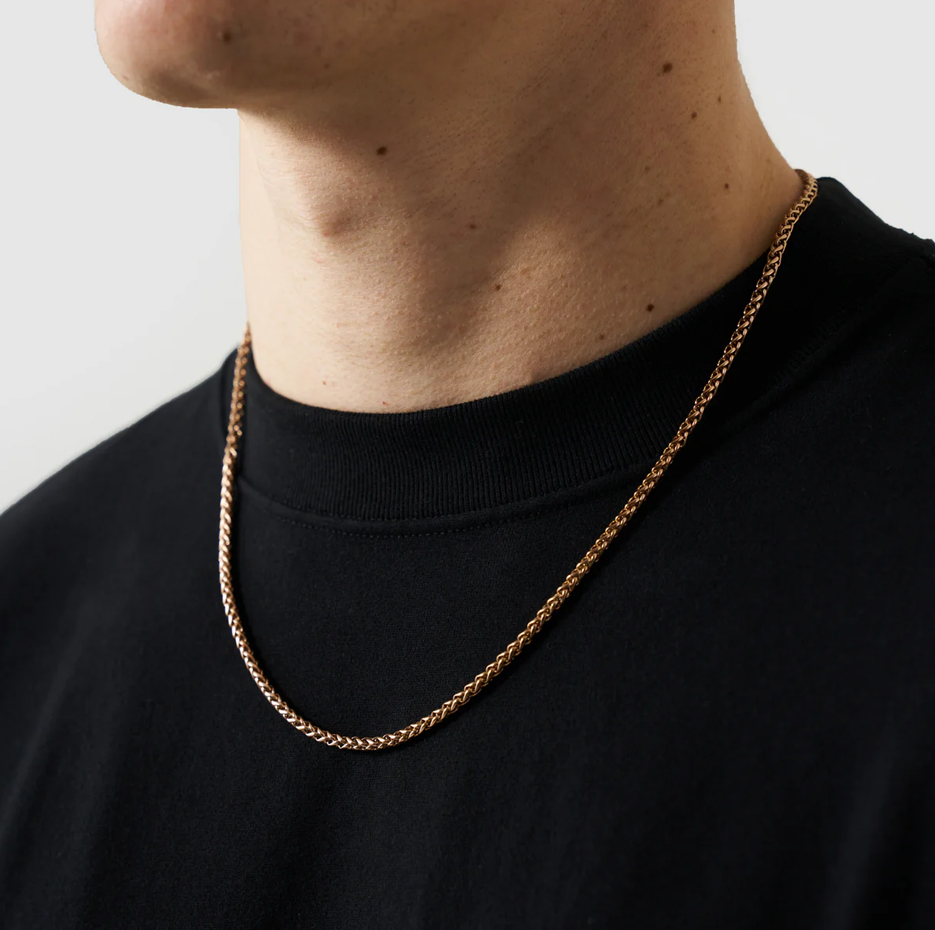 Collar de cadena de espigas de trigo de plata de ley con baño de oro rosa para hombre de 3 mm-3