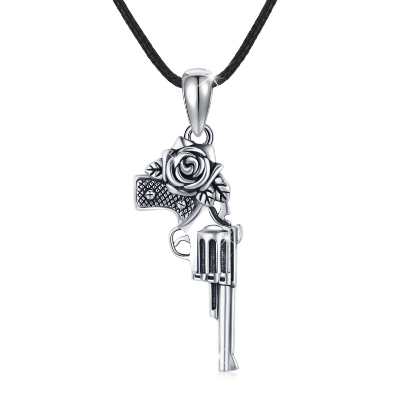 Sterling Silver Rose & Gun Pendant Necklace-7