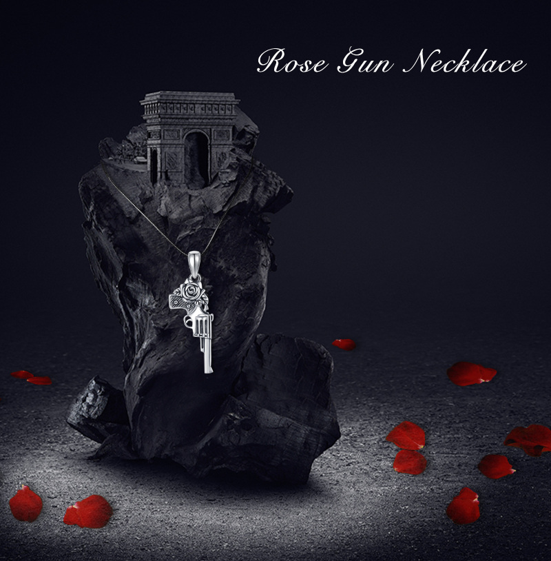 Sterling Silver Rose & Gun Pendant Necklace-5