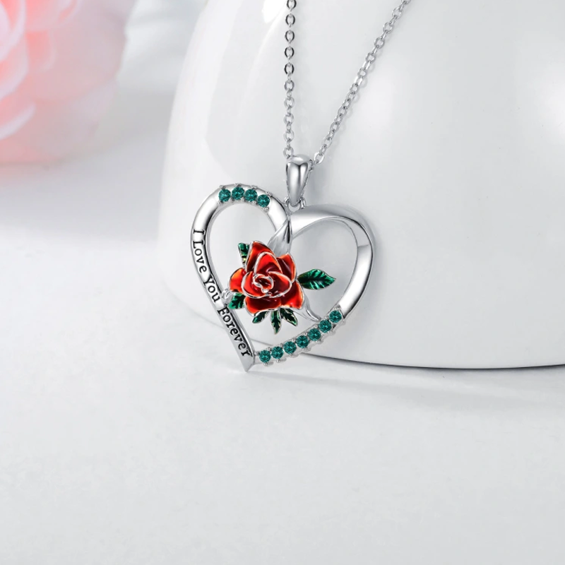 Sterling Silver Cubic Zirconia Rose & Heart Pendant Necklace-40