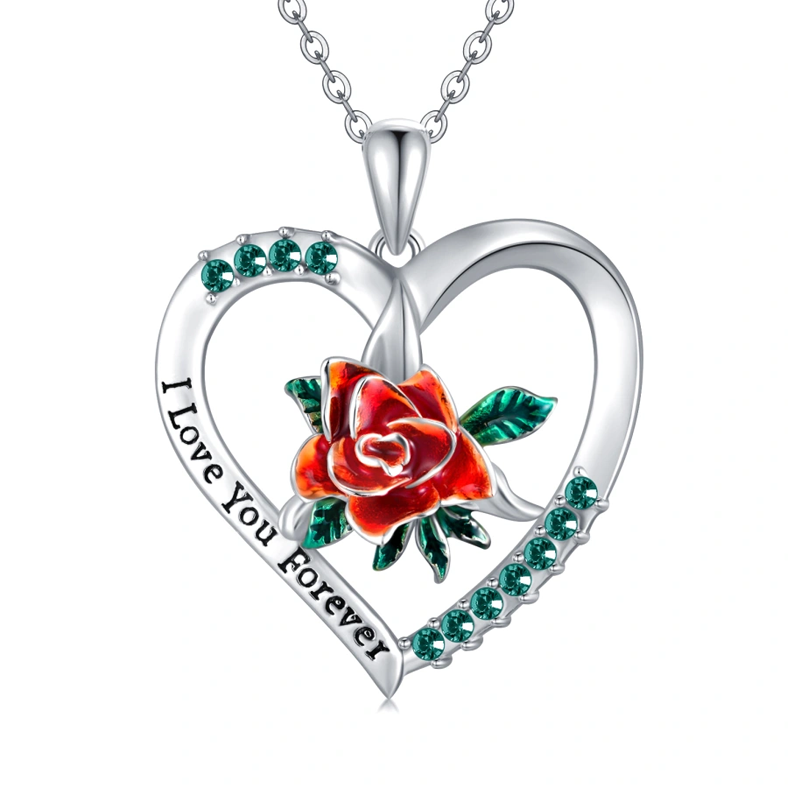 Collar con colgante de corazón de rosa y circonita cúbica en plata de ley-3