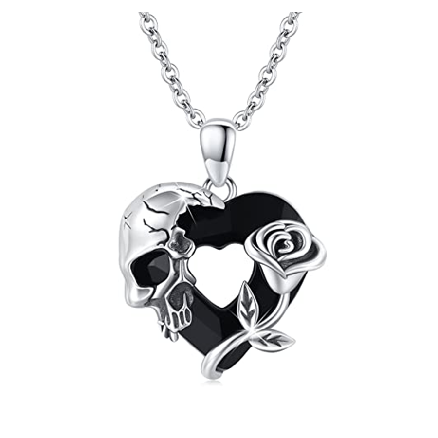 Collar con colgante de corazón de cristal y calavera rosa en plata de ley para mujer-1