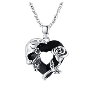 Sterling Silver Rose & Skull& Heart Crystal Pendant Necklace for Women-10