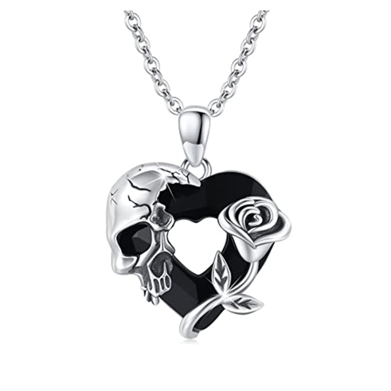 Collana con ciondolo in argento Sterling Rose & Skull& Heart per le donne-5