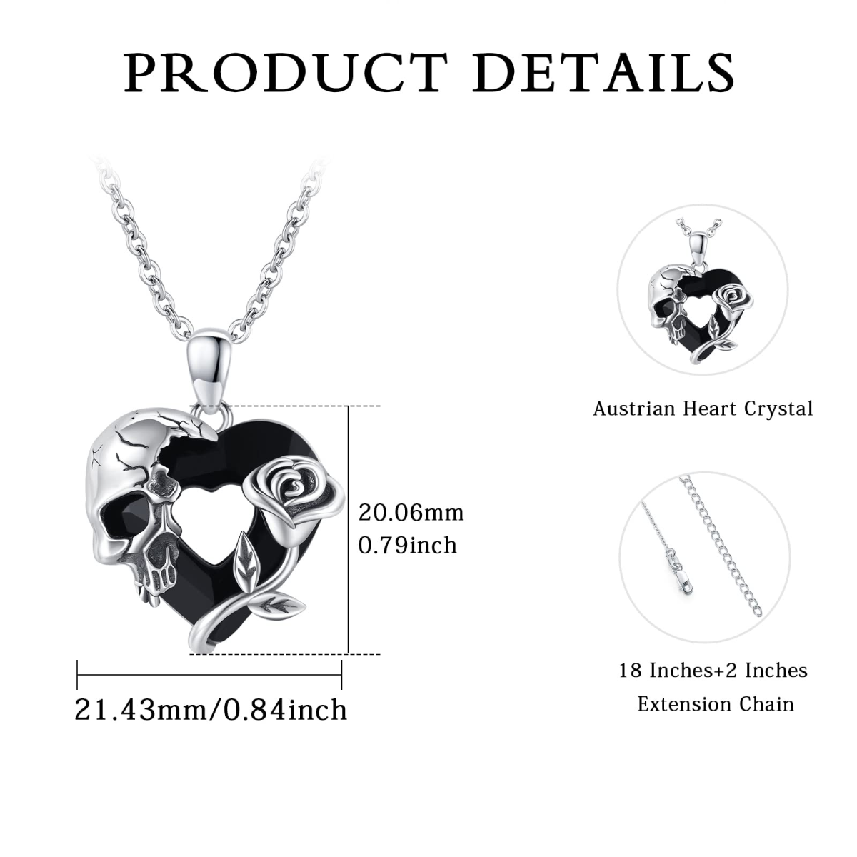 Sterling Silver Rose & Skull& Heart Crystal Pendant Necklace for Women-3