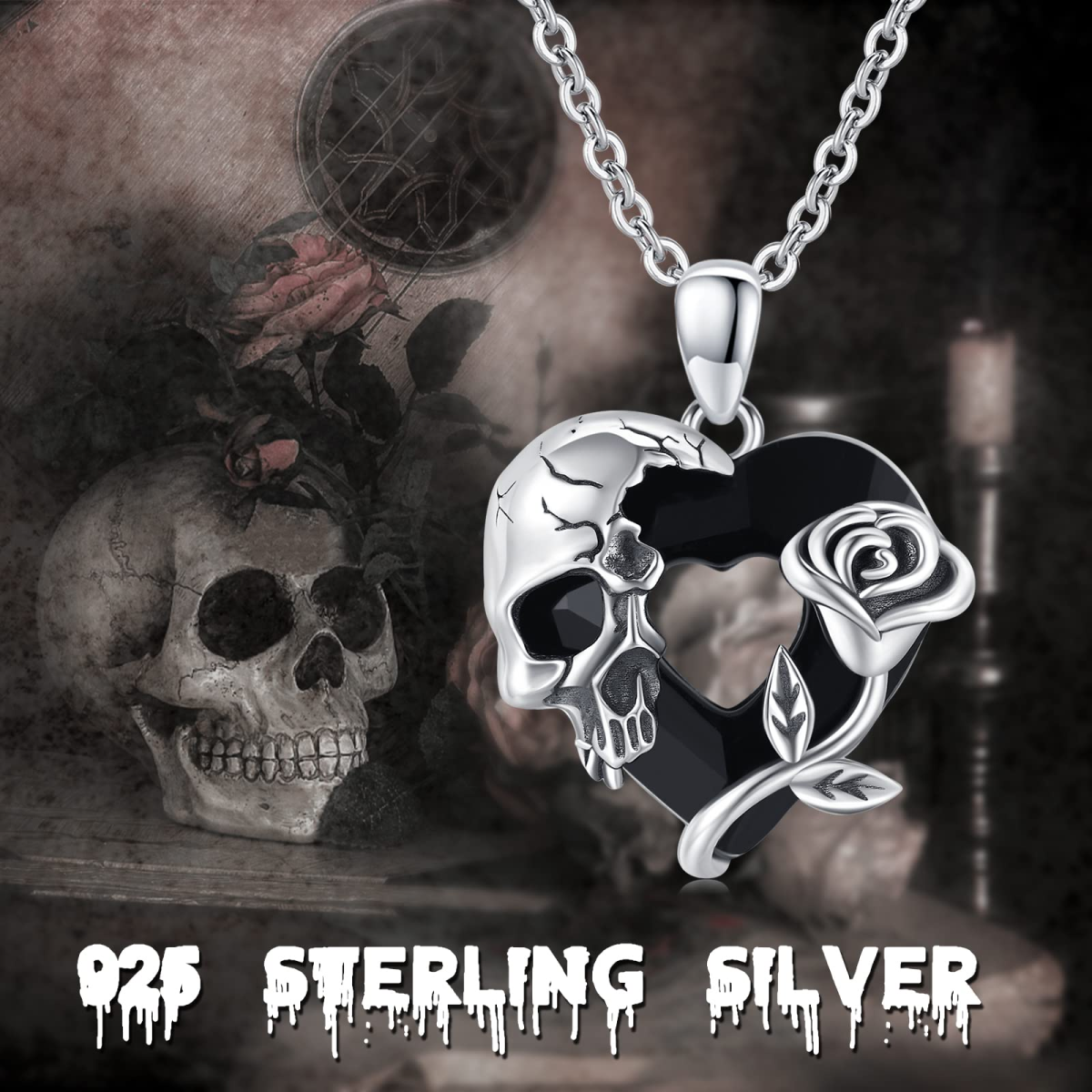 Sterling Silver Rose & Skull& Heart Crystal Pendant Necklace for Women-5