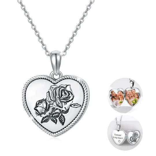 Sterling Silver Rose With Heart Personalized Photo Locket Necklace With Engraved Word For Women