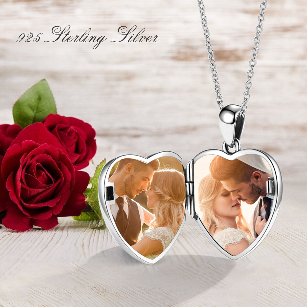 Collier médaillon photo personnalisé en argent sterling avec rose avec cœur et mot gravé pour femme-4