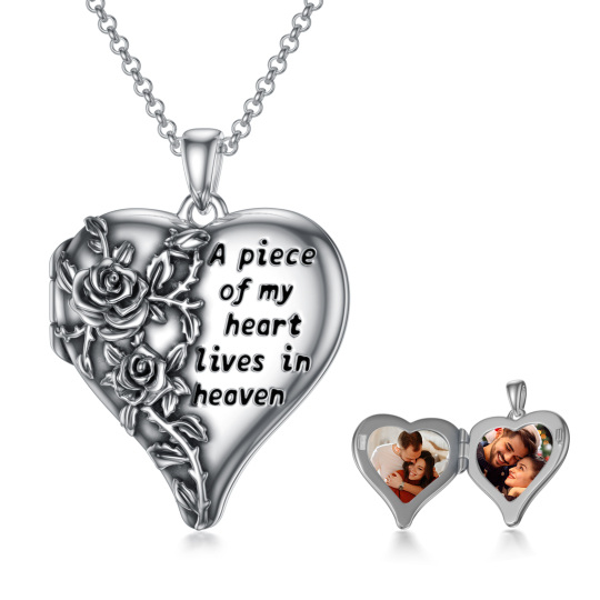 Collana con medaglione fotografico personalizzato in argento sterling con rosa e cuore e parola incisa