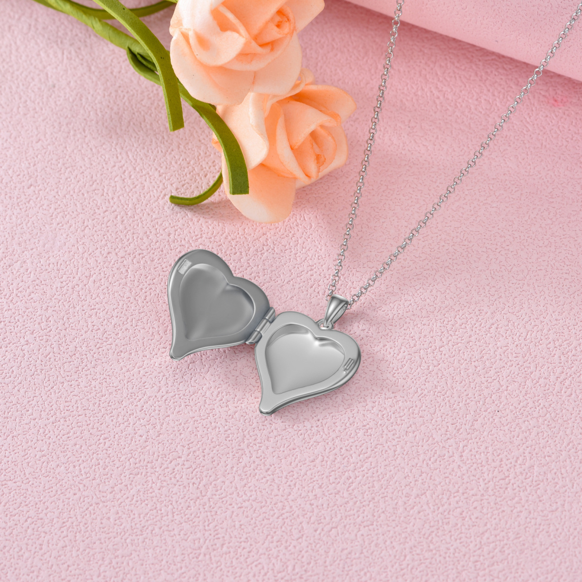 Collar con medallón de foto personalizado con forma de corazón rosa de plata de ley con palabra grabada-4