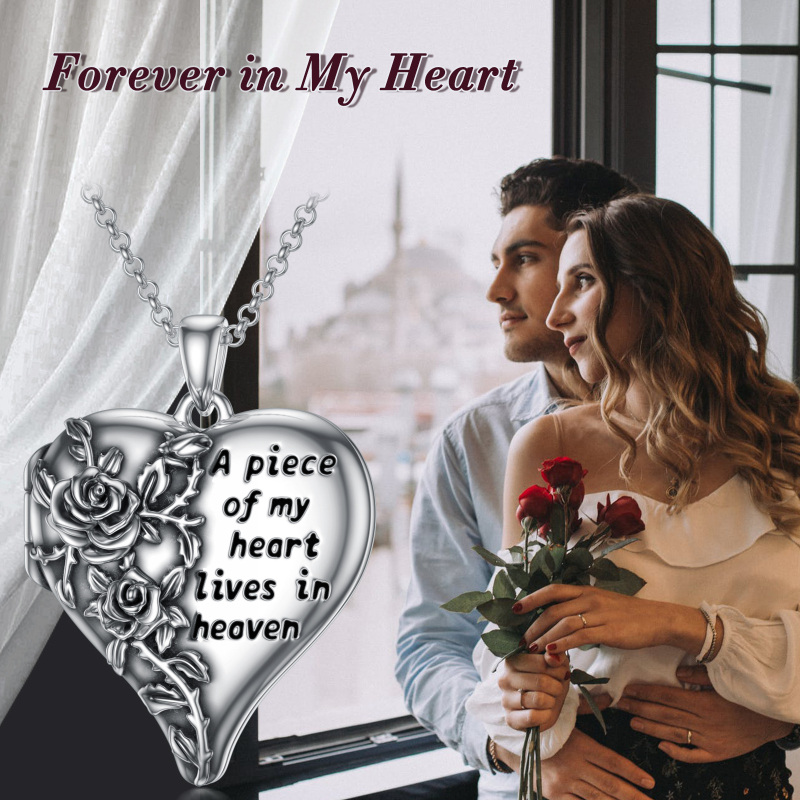 Sterling Silver Rose & Heart Personalized Photo Locket Necklace with Engraved Word-7