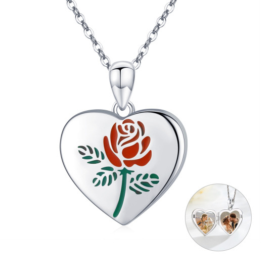 Sterling Silver Rose & Heart Personalized Photo Locket Necklace