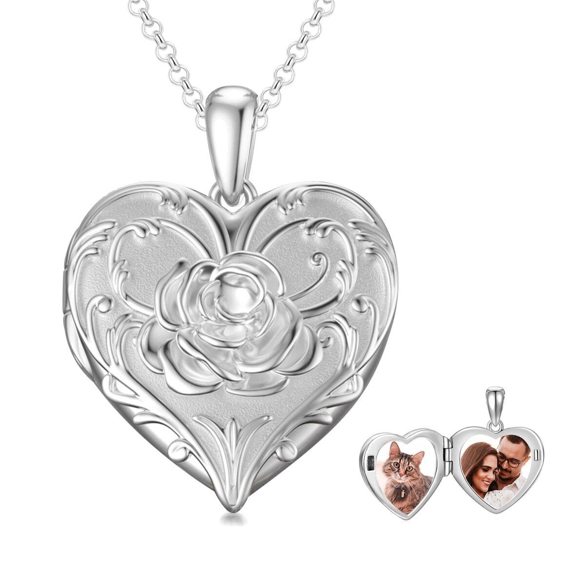 Sterling Silber Rose & Herz personalisierte Foto Medaillon Halskette-1