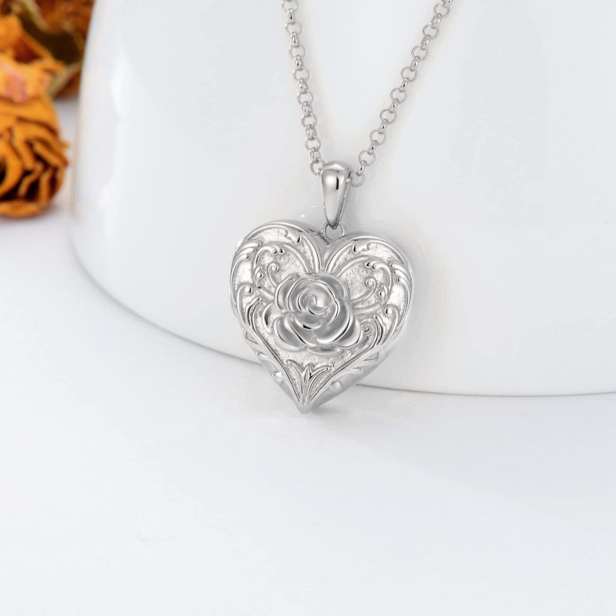 Sterling Silver Rose & Heart Personalized Photo Locket Necklace-3