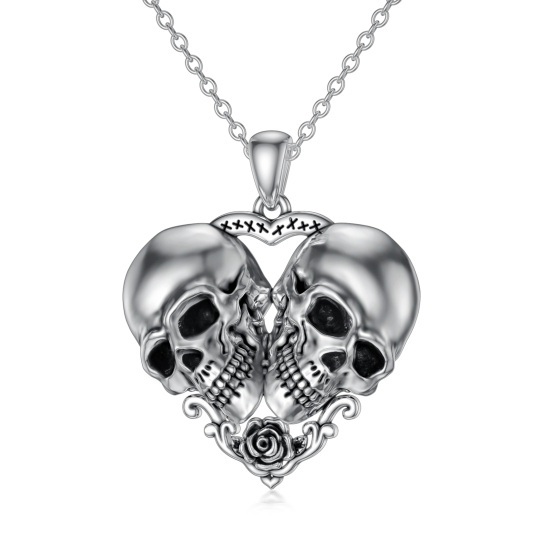 Sterling Silver Rose & Heart & Skull Pendant Necklace