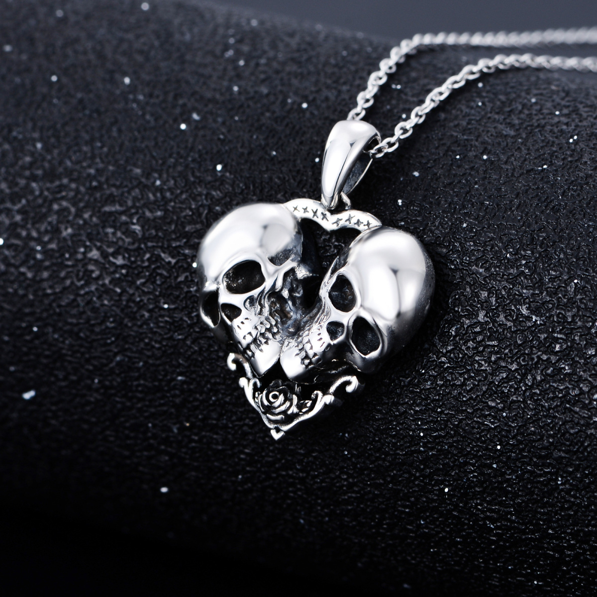 Sterling Silver Rose & Heart & Skull Pendant Necklace-3