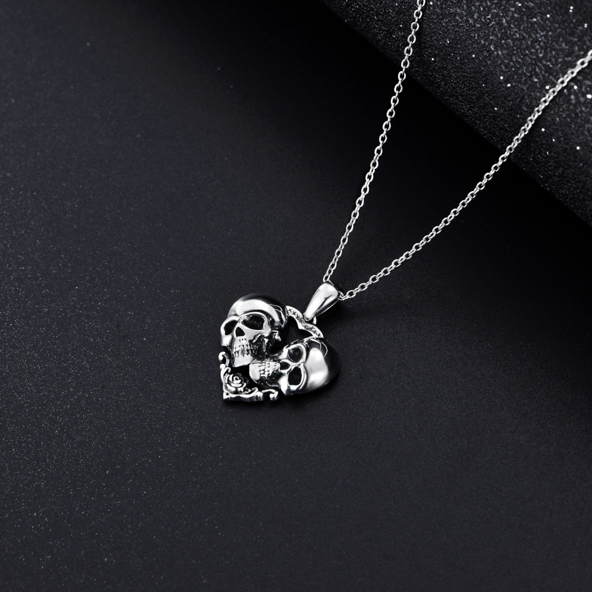 Sterling Silver Rose & Heart & Skull Pendant Necklace-4