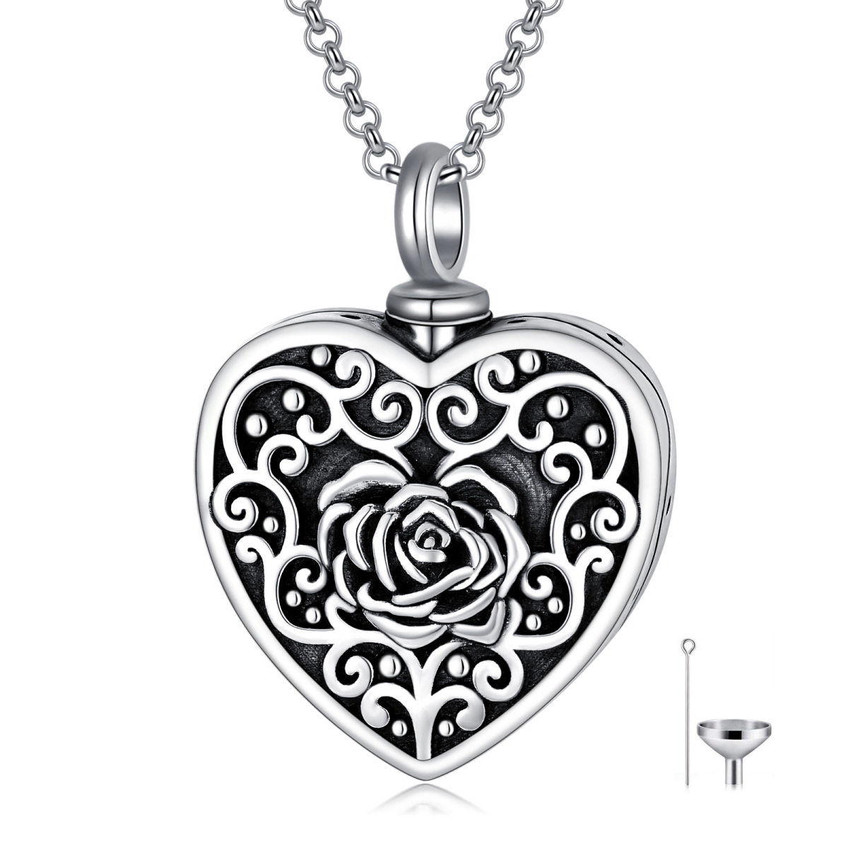 Sterling Silver Rose & Heart Urn Necklace for Ashes with Engraved Word-1