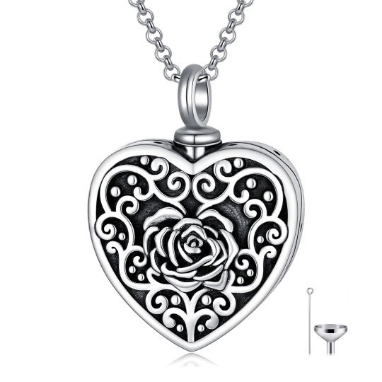 Sterling Silver Rose & Heart Urn Necklace for Ashes with Engraved Word