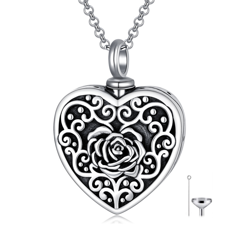 Sterling Silver Rose & Heart Urn Necklace for Ashes with Engraved Word-2