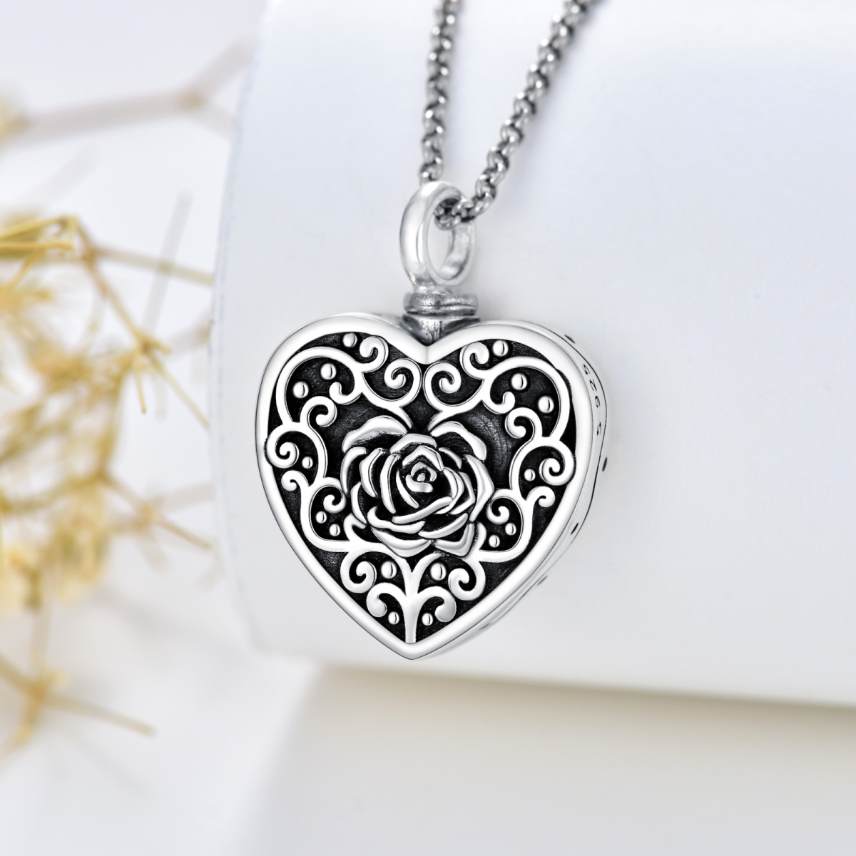 Sterling Silver Rose & Heart Urn Necklace for Ashes with Engraved Word-3