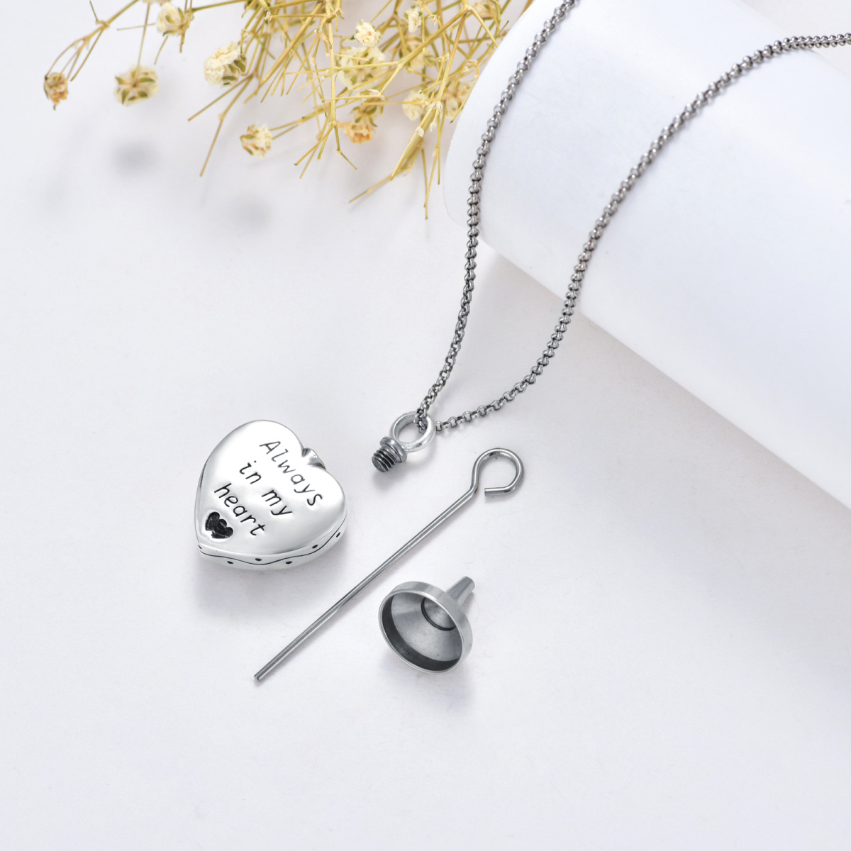 Sterling Silver Rose & Heart Urn Necklace for Ashes with Engraved Word-4