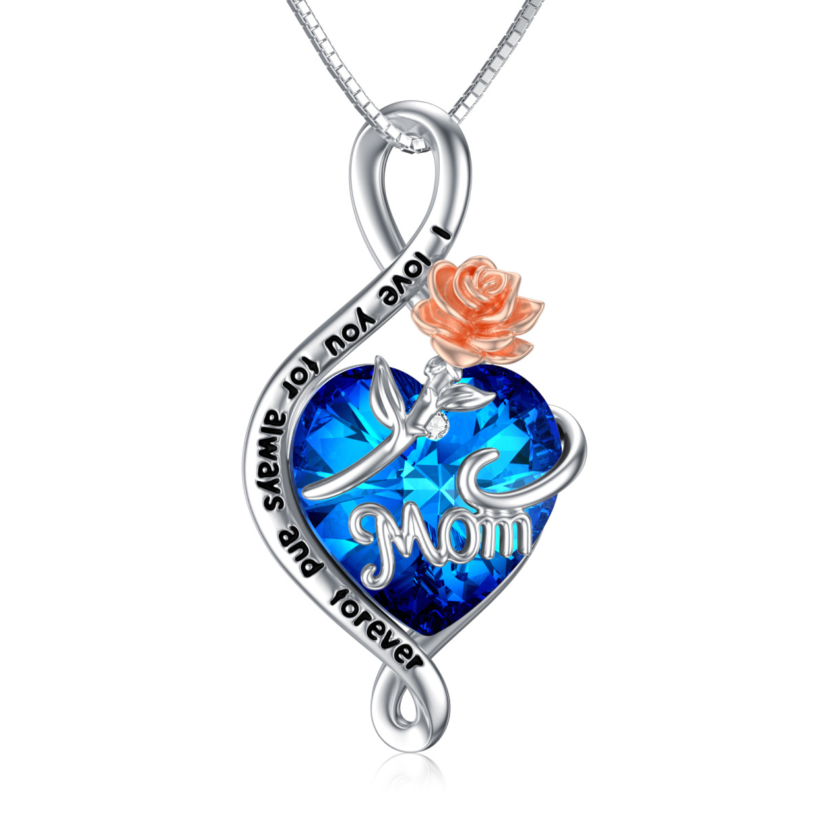 Collier pendentif rose en argent sterling avec symbole infini en cristal bleu avec mot gravé ou femme-1