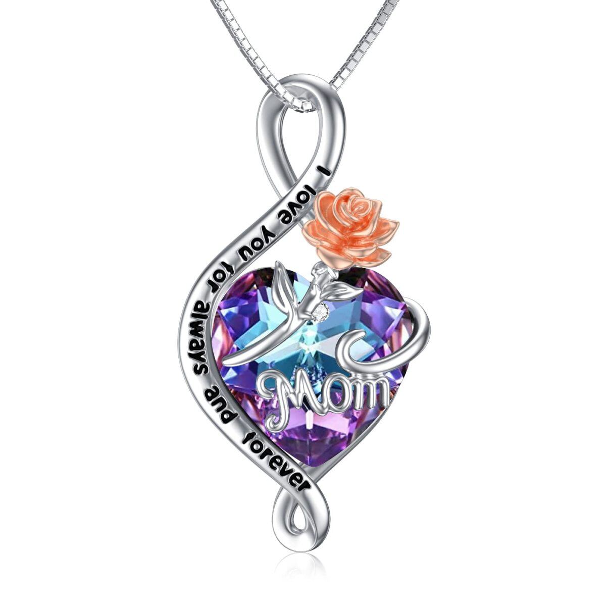 Sterling Silver Rose With Infinity Symbol Crystal Pendant Necklace With Engraved Word Or Women-1
