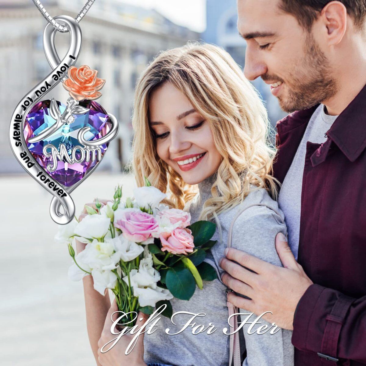 Sterling Silver Rose With Infinity Symbol Crystal Pendant Necklace With Engraved Word Or Women-3