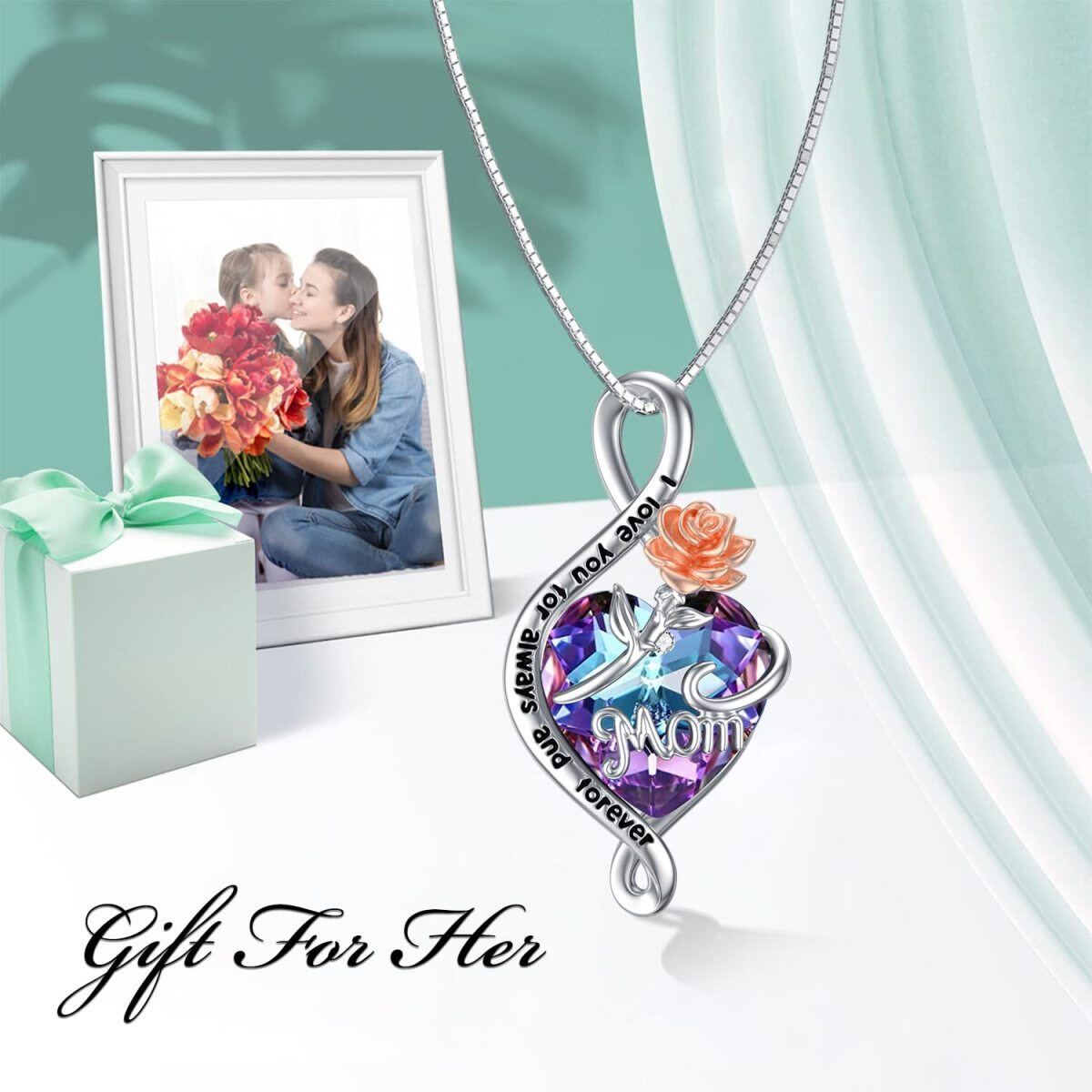 Sterling Silver Rose With Infinity Symbol Crystal Pendant Necklace With Engraved Word Or Women-5