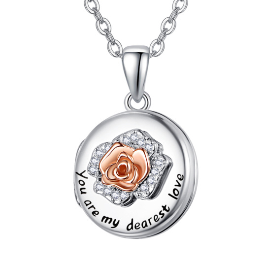 Sterling Silber Rose personalisierte Foto Medaillon Halskette mit Gravur Wort