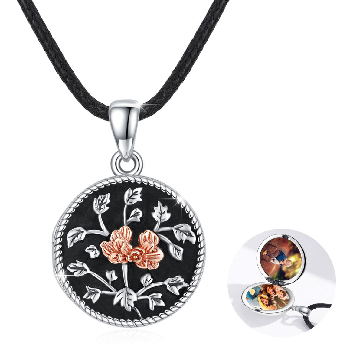 Sterling Silver Two-tone Rose Personalized Photo Locket Necklace-1