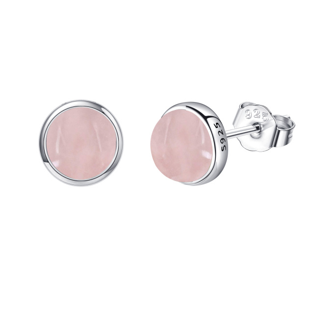 Sterling Silver Rose Quartz Round Stud Earrings-1