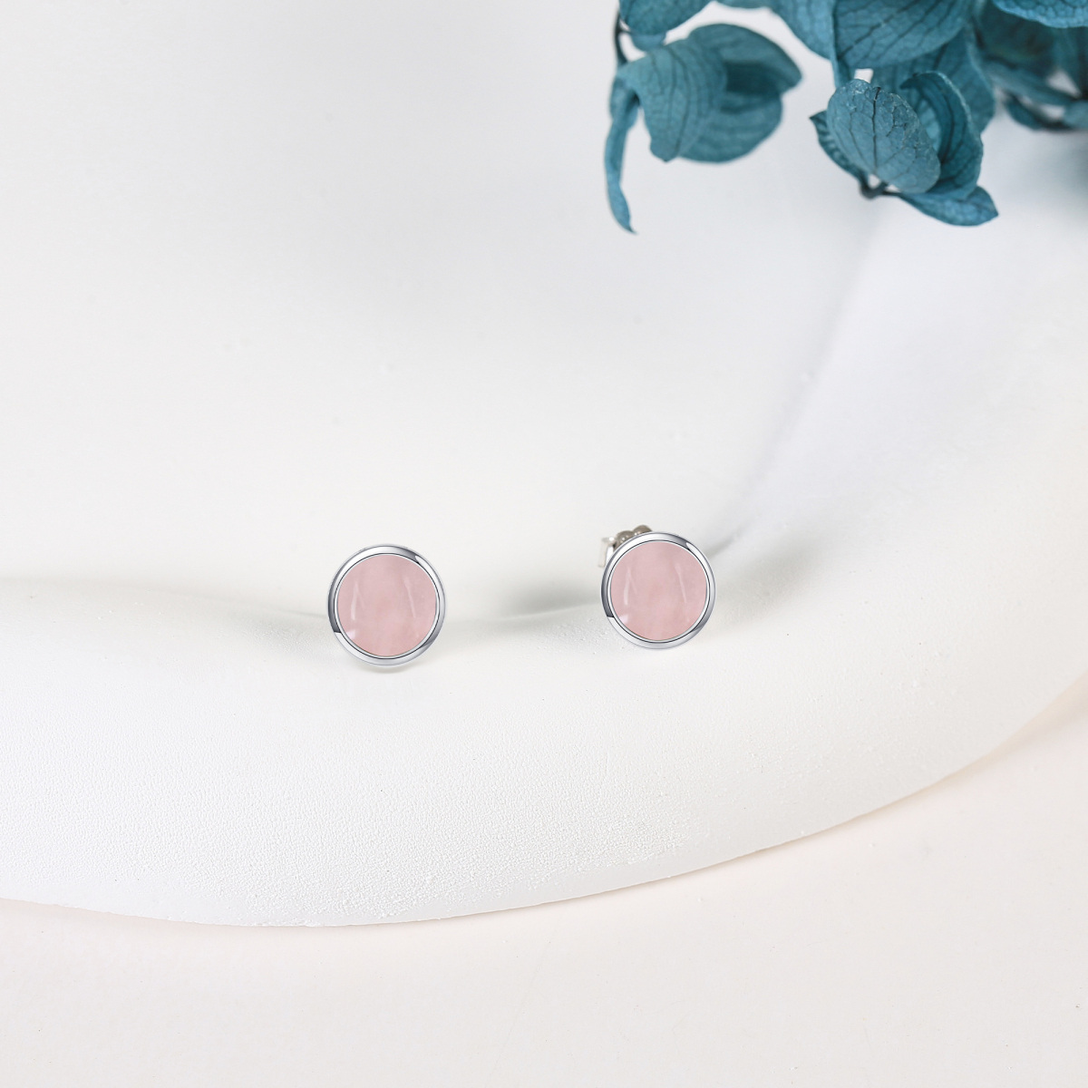 Sterling Silver Rose Quartz Round Stud Earrings-3