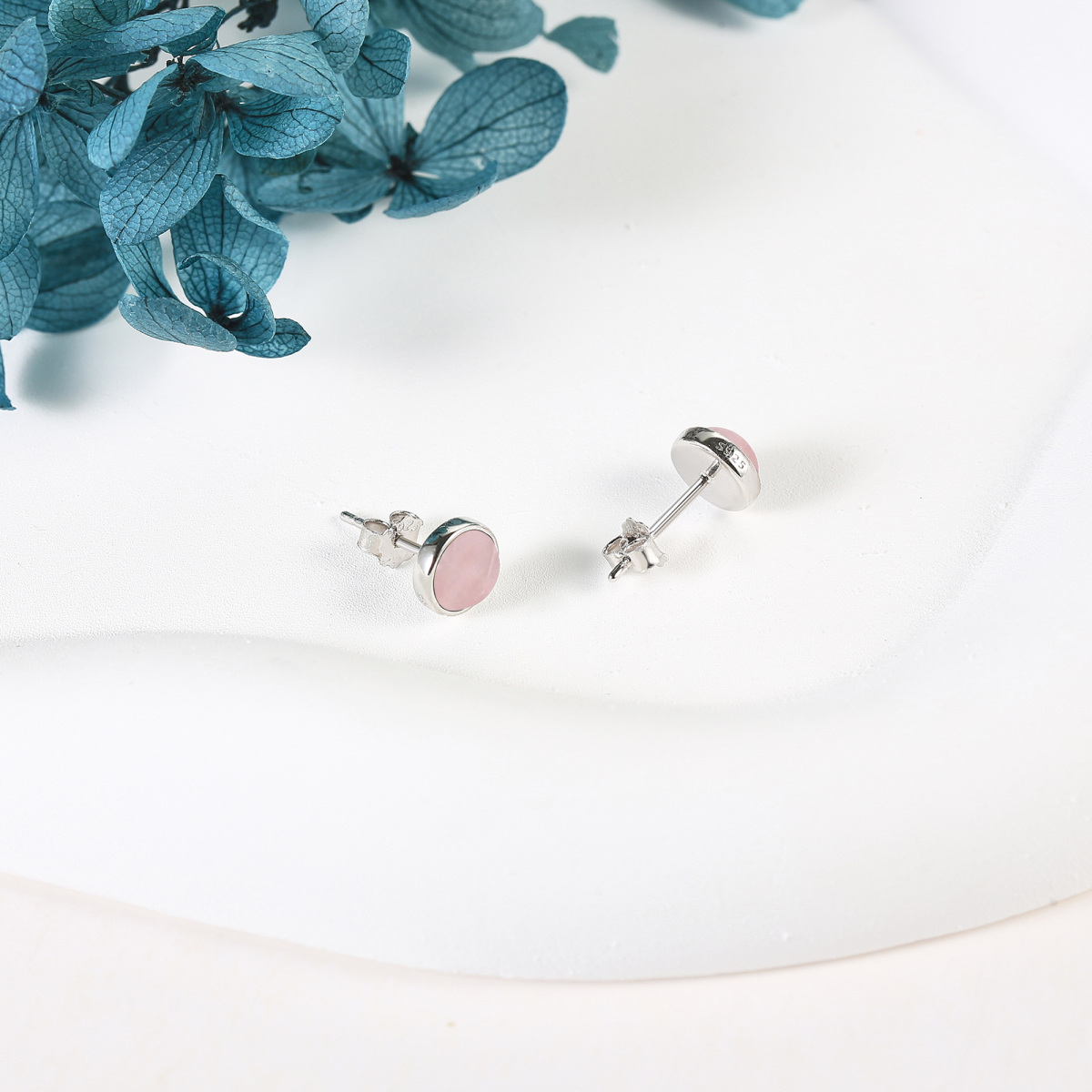 Sterling Silver Rose Quartz Round Stud Earrings-4