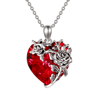 Sterling Silver Rose & Red Heart Shaped Crystal Pendant Necklace-3