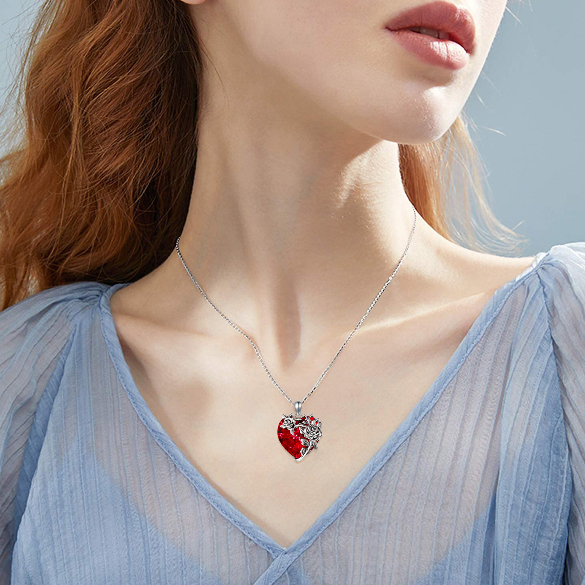 Sterling Silver Rose & Red Heart Shaped Crystal Pendant Necklace-2