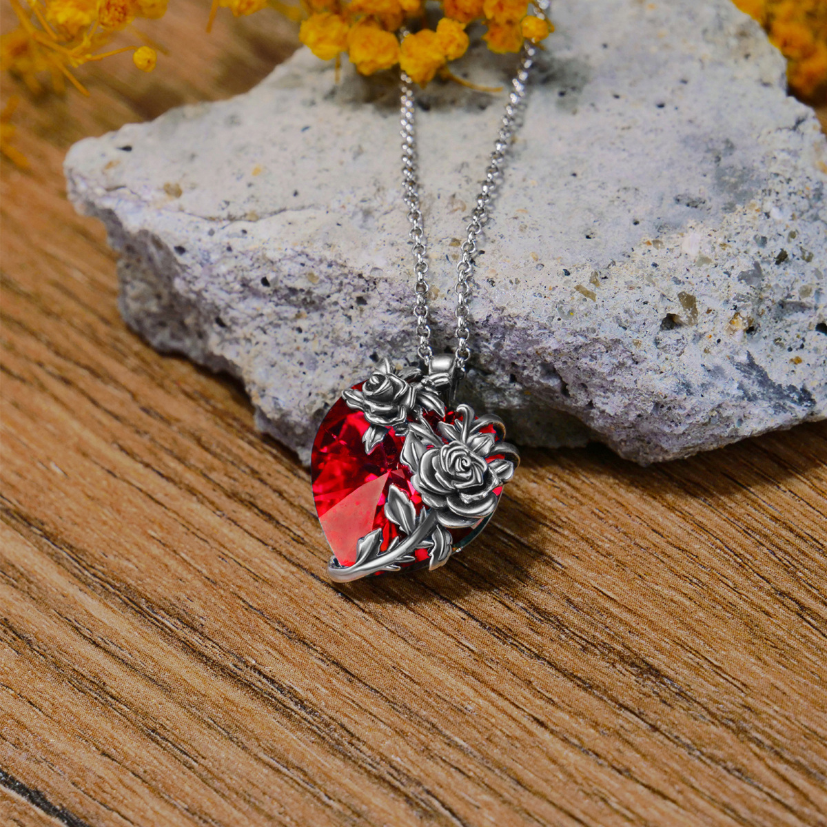 Sterling Silver Rose & Red Heart Shaped Crystal Pendant Necklace-3