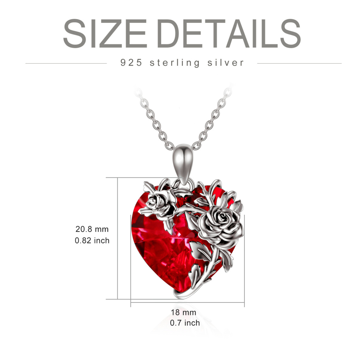 Sterling Silver Rose & Red Heart Shaped Crystal Pendant Necklace-4