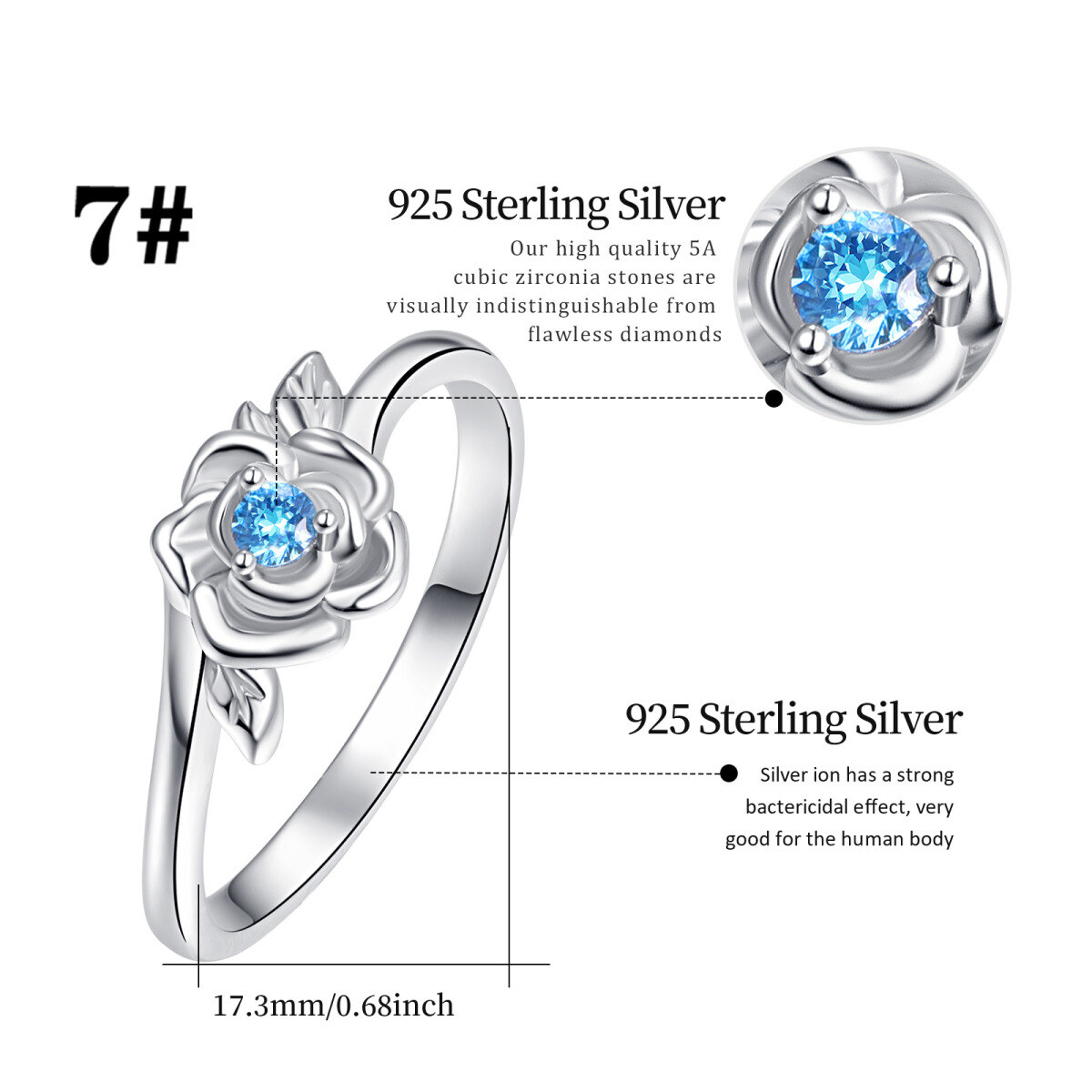 Sterling Silver Cubic Zirconia Rose Ring-4