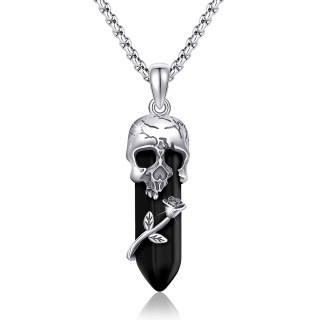 Sterling Silver Rose & Skull Crystal Pendant Necklace-3