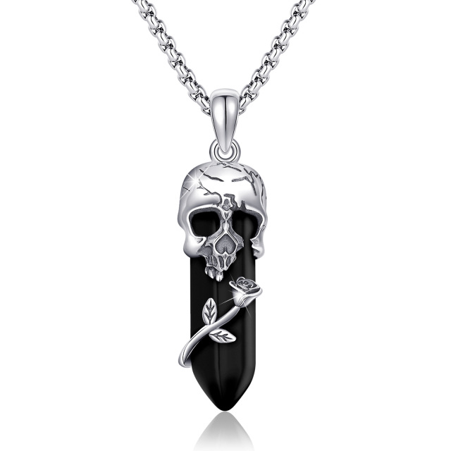 Sterling Silver Rose & Skull Crystal Pendant Necklace-4