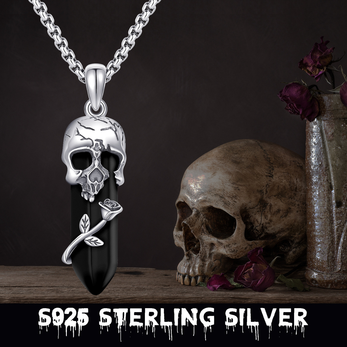 Sterling Silver Rose & Skull Crystal Pendant Necklace-5