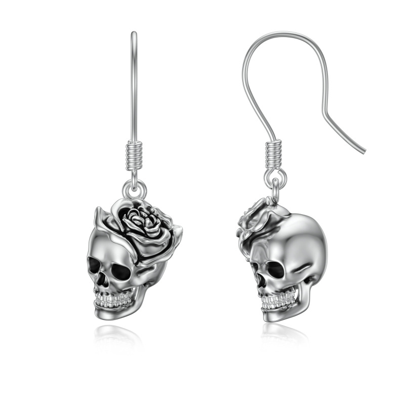 Pendientes colgantes con calavera y rosa de plata de ley