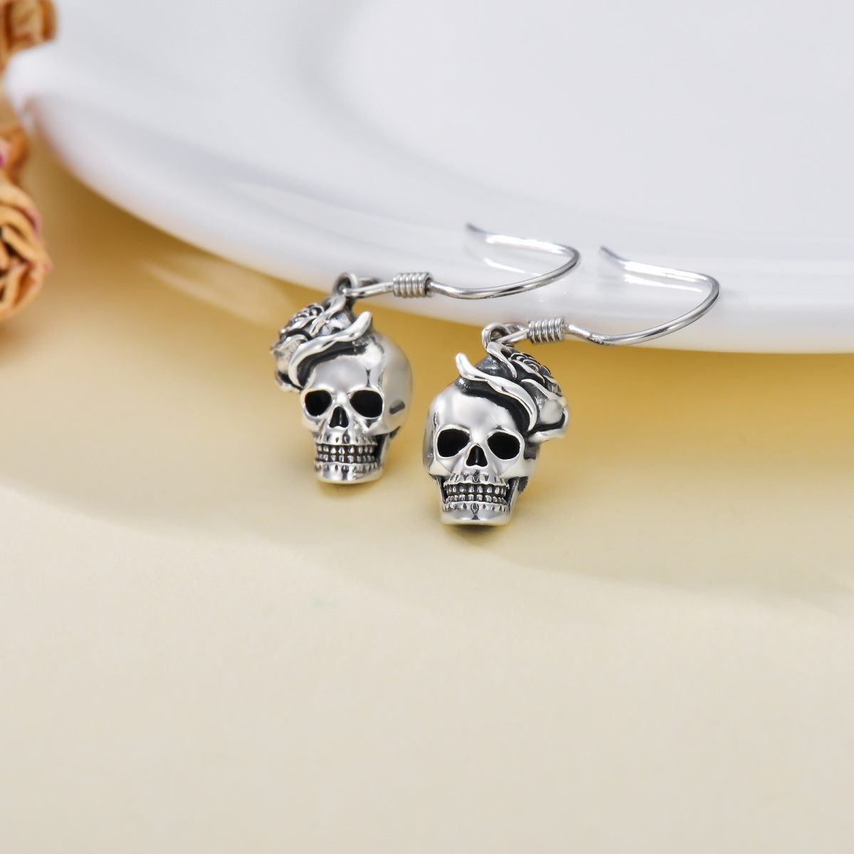 Boucles d'oreilles pendantes tête de mort en argent sterling-3